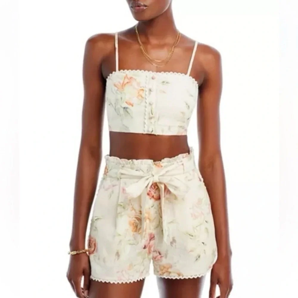 Caroline Constas Floral Linen Blend Crochet Belted Set Crop Top & Shorts Small